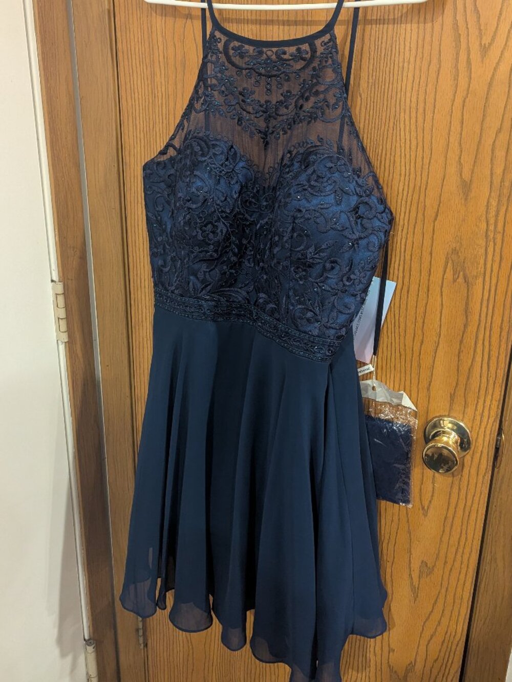 NWT "PromGirl" High Neck Sheer Beaded Lace Stitched Mini Navy Blue Dress-2XL